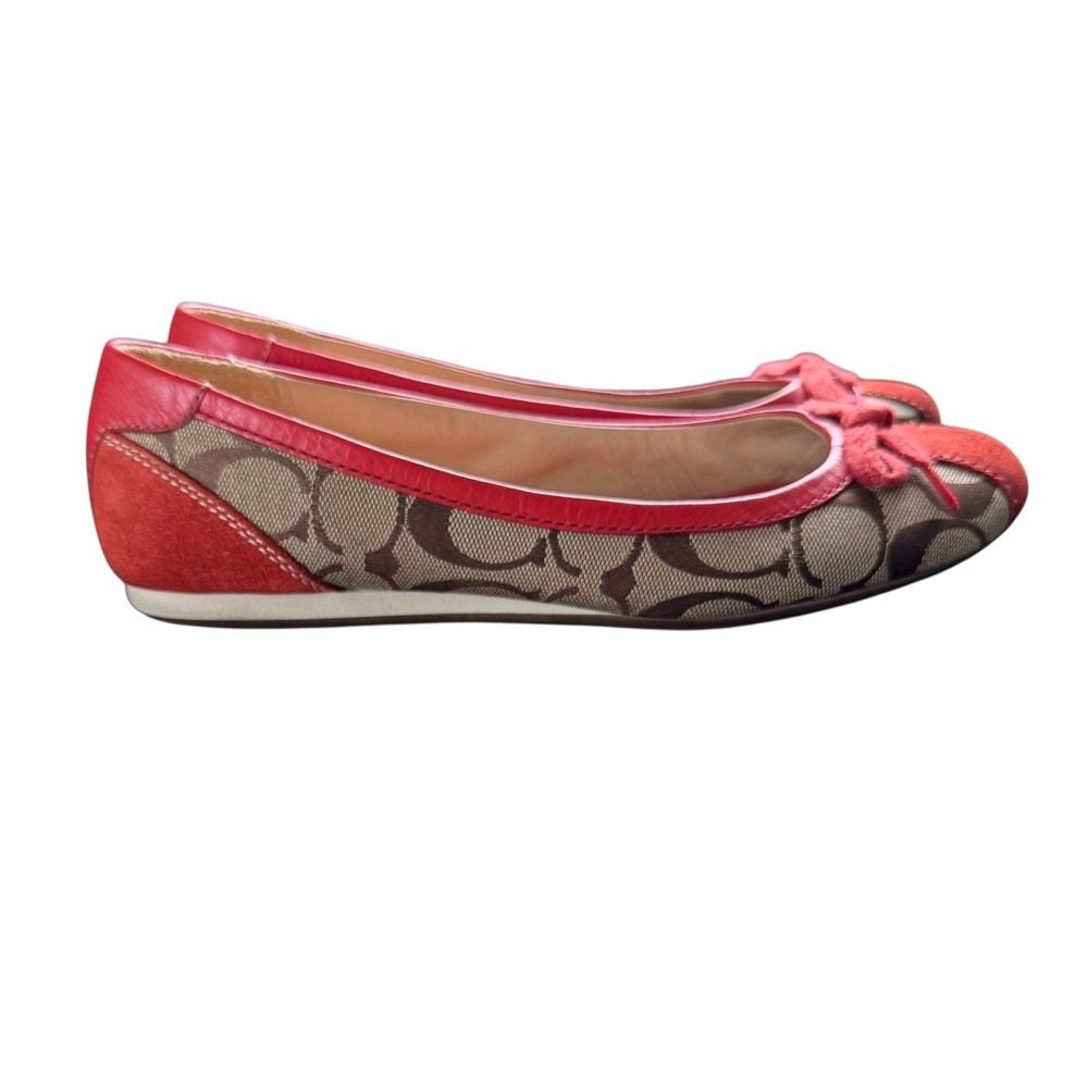 Coach Signature Monogram Red/Orange Suede Leather Trim Bow Ballet Flats Shoes 7